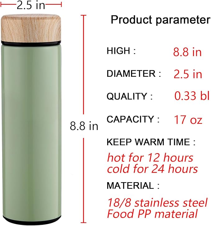 15oz Water Bottle Stainless Steel Thermos Flask - Insulated Vacuum, Leak Proof, Keeps Drinks Hot/Cold - Ideal for Coffee, Tea, Water - Green