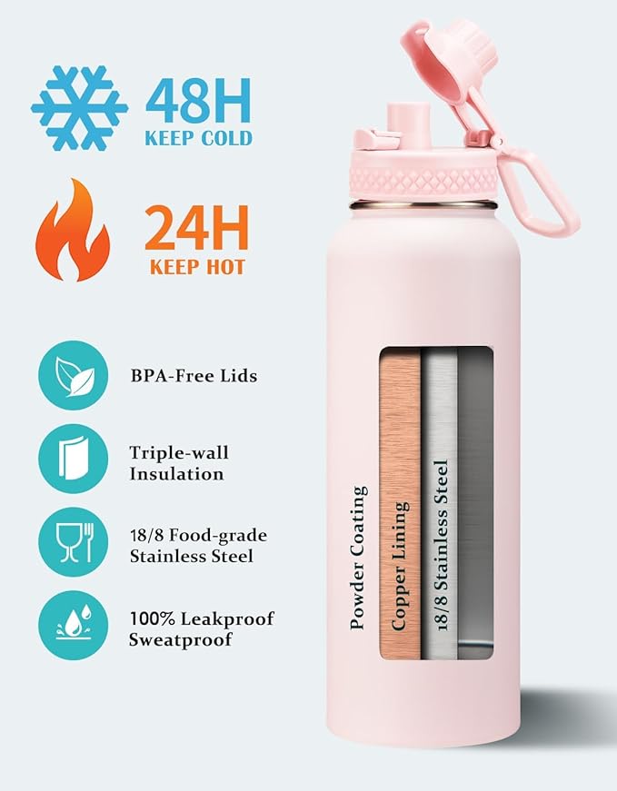 Pink 40 oz Insulated Water Bottle - with Straw Spout Lids, Triple Wall Stainless Steel Water Bottles Cold 48H Hot 24H, Wide Mouth Hydro Bottle Metal Flask with Handle, Strap Carrier Bag for Women