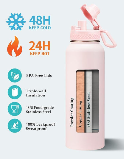 Pink 40 oz Insulated Water Bottle - with Straw Spout Lids, Triple Wall Stainless Steel Water Bottles Cold 48H Hot 24H, Wide Mouth Hydro Bottle Metal Flask with Handle, Strap Carrier Bag for Women