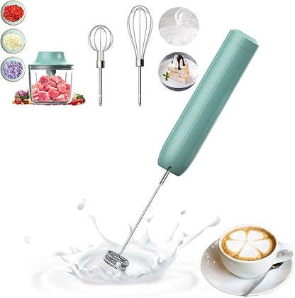 4-in-1 Frother Wand, Handheld Frother, Coffee Frother Handheld, Electric Whisk, Milk Frother Wand for Coffee, Matcha, Electric Hand Mixer, Mini Onion Chopper 10Oz, Small Cordless Hand Blender, 4 Speed