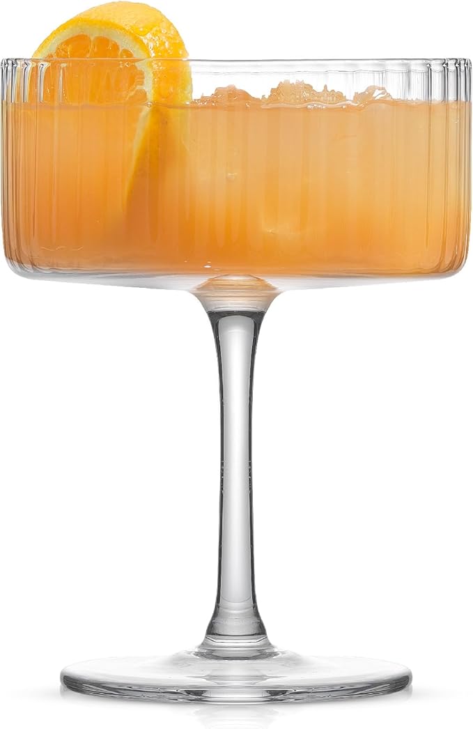 JoyJolt Elle Fluted 10oz Coupe Glass Set of 2, Unique Champagne Glasses for Cocktails and Martinis, Ribbed Vintage Style Drinking Glasses