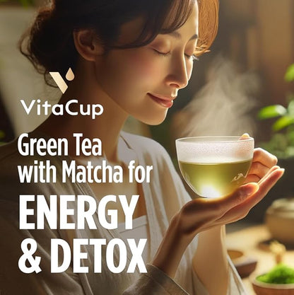 VitaCup Green Tea Instant Packets, Enhance Energy & Detox with Matcha, Moringa, B Vitamins, D3, Fiber, Keto, Paleo, Vegan in Tea Powder Single Serving Sticks, 48 Ct