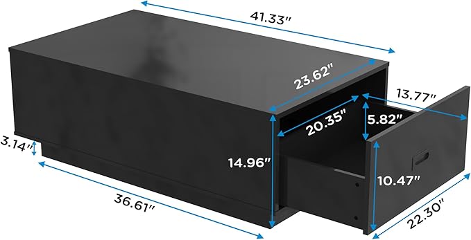 41" LED Coffee Table with 2 Drawers - High Gloss Black Modern Table with Lighting for Living Room (41.33" W x 23.62" D)