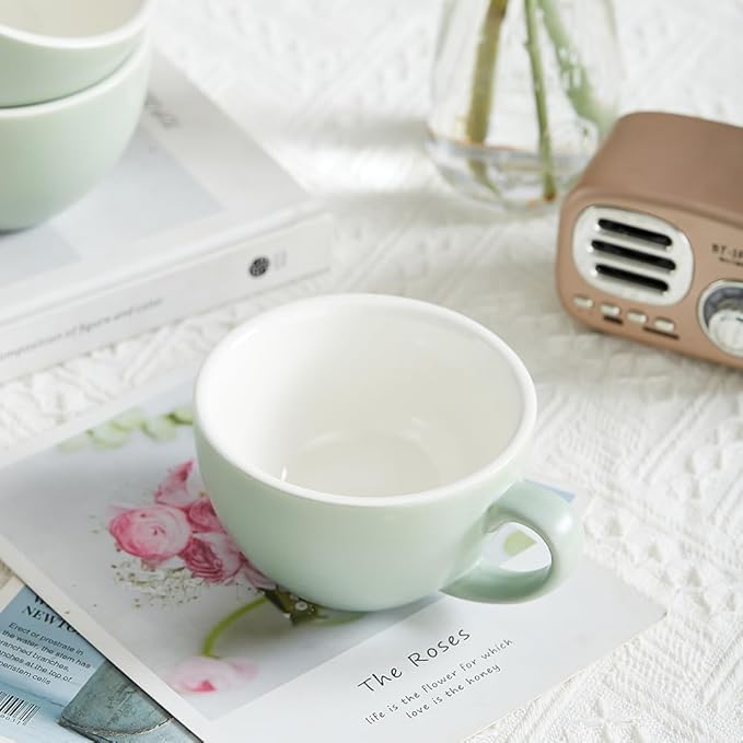 Set of 6 Matte Green 10 oz Professional Barista Ceramic Latte Art Cappuccino Cups Set (Matte Green * 6)