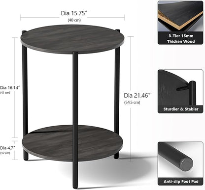 Round Side Table, 2-Tier Circle End Tables with Storage Wood Rustic 15.75" Small End Tables Farmhouse Side Table for Living Room Bedroom Balcony Small Spaces - Grey