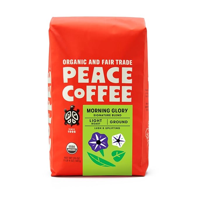 Peace Coffee Morning Glory Signature Blend | 20 oz Ground Light Roast | Organic Fair Trade | Smooth, Mild Flavor | Shade Grown, Fresh Roasted