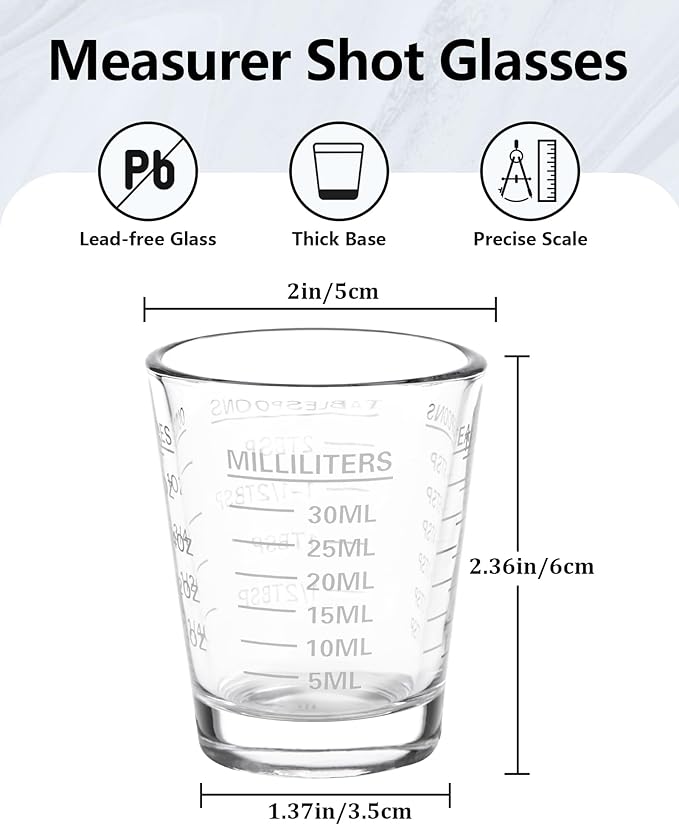 Shot Glasses Measuring Cup Set 6 Pack Espresso Shot Glasses Liquid Heavy Glass 26-Incremental Measurement 1 OZ, 2 TBS, 6 TSP, 30 ML Kitchen Tools(White)