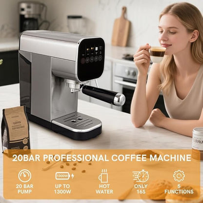 Espresso Machine with Steam Milk Frother Compact Cappuccino Machine with Programmable to Customized Americano Touch Screen Coffee Maker for Latte, Hot Water Stainless Steel