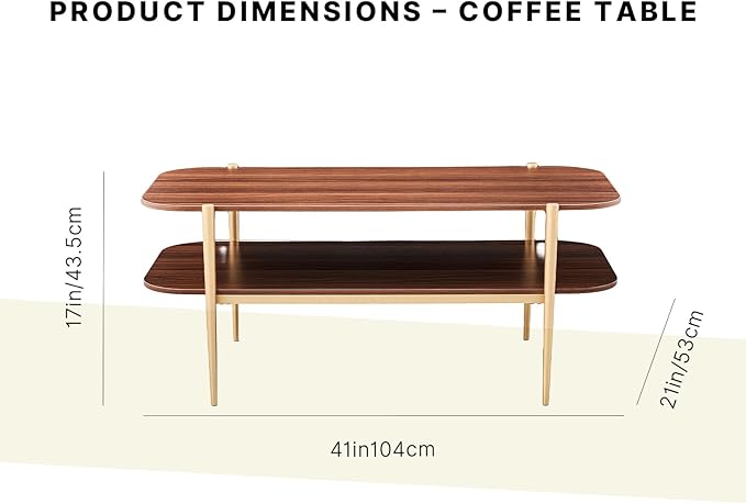 Shrine Rectangle Coffee Table, Mid-Century Modern Design, Two-Tier Walnut MDF Rounded Corner Table, 41" D x 21" W x 17" H, Sleek Conical Metal Legs with Gold Finish