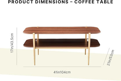 Shrine Rectangle Coffee Table, Mid-Century Modern Design, Two-Tier Walnut MDF Rounded Corner Table, 41" D x 21" W x 17" H, Sleek Conical Metal Legs with Gold Finish