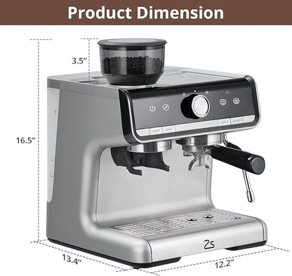 Semi-Automatic Espresso Machine - 1450W/20 Bar Professional Coffee Machine,30Grinder Settings, Fast Heating, Milk Frother Steam Wand, Home & Hotel Use, Silver