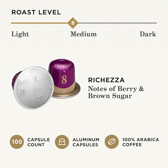 Peet's Coffee, Medium Roast Espresso Capsules, Compatible with Nespresso Original Machine - Ricchezza Intensity 8, 100 Count (10 Boxes of 10 Espresso Capsules)
