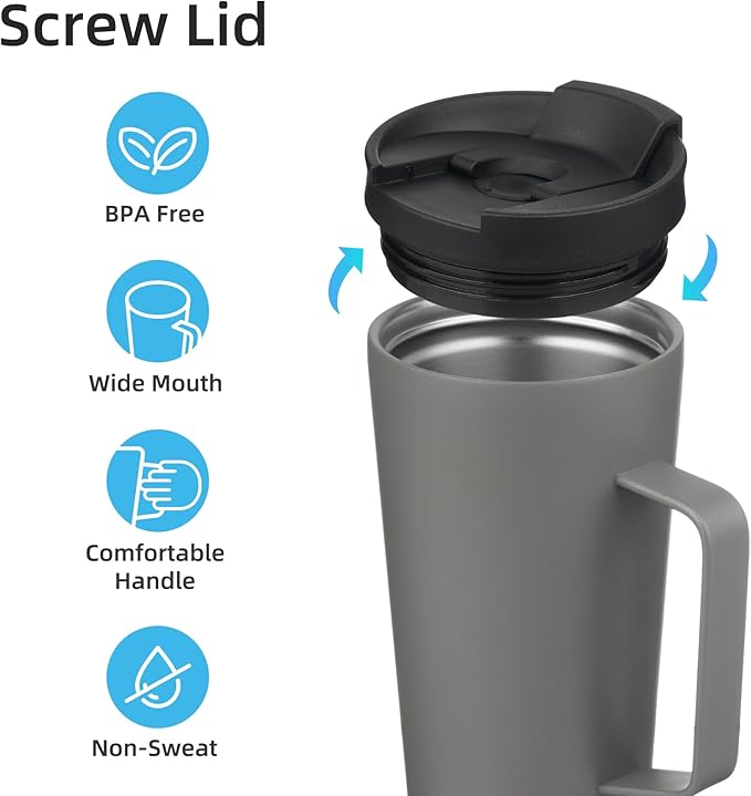Insulated Tumbler with Handle and Straw, 22 OZ Travel Coffee Mug Stainless Steel Cup Metal Water Bottle,Grey