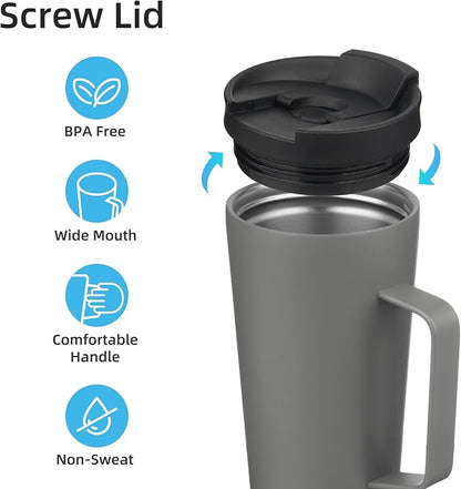 Insulated Tumbler with Handle and Straw, 22 OZ Travel Coffee Mug Stainless Steel Cup Metal Water Bottle,Grey