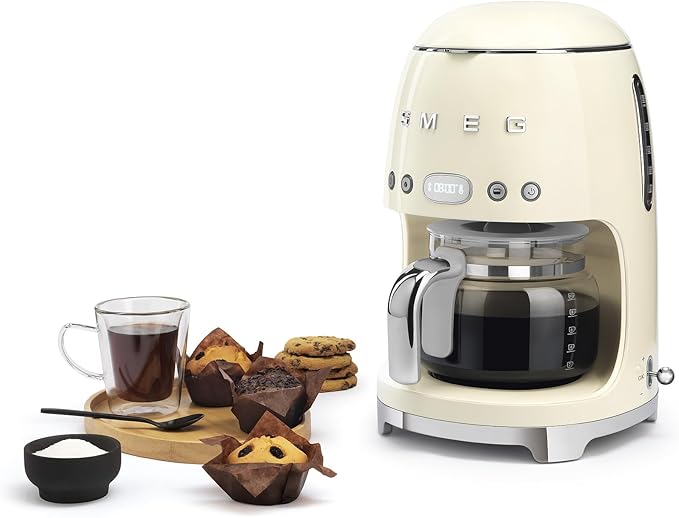 Smeg 50's Retro Style Aesthetic Drip Coffee Machine with 10 Cup Glass Carafe, Auto Start Feature, Keep Warm Plate, and Two Coffee Strength Settings (Cream)