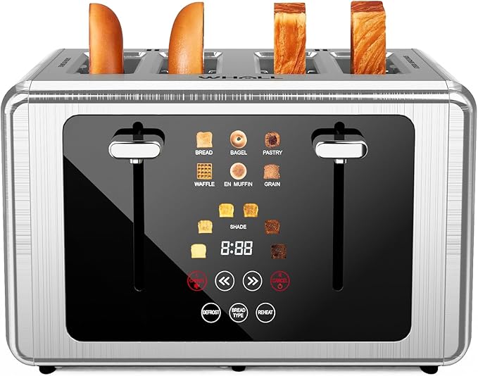 whall 4 Slice Touch Screen Toaster, Stainless Steel Toasters Digital Timer, Dual Control Panel Toasters，6 Shade Settings＆6 Bread Types, Smart Wide Slots, Bagel, Cancel, Defrost,Silver