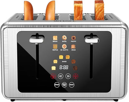 whall 4 Slice Touch Screen Toaster, Stainless Steel Toasters Digital Timer, Dual Control Panel Toasters，6 Shade Settings＆6 Bread Types, Smart Wide Slots, Bagel, Cancel, Defrost,Silver