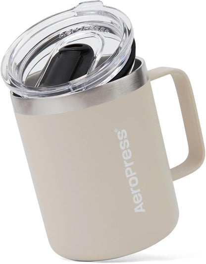 AeroPress Travel Coffee Mug with Handle, Double-Wall Vacuum Insulated Stainless Steel with Splash-Resistant Slider Lid, Compatible for Hot or Cold Drinks, Dishwasher Safe, 12 oz, Cream