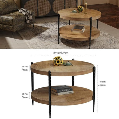 Round Coffee Table for Living Room, Small 2-Tier Circle Coffee Tables with Storage Shelf, Rustic Wood Desktop Modern Design Accent Center Table Home Furniture for Apartment, Brown and Black