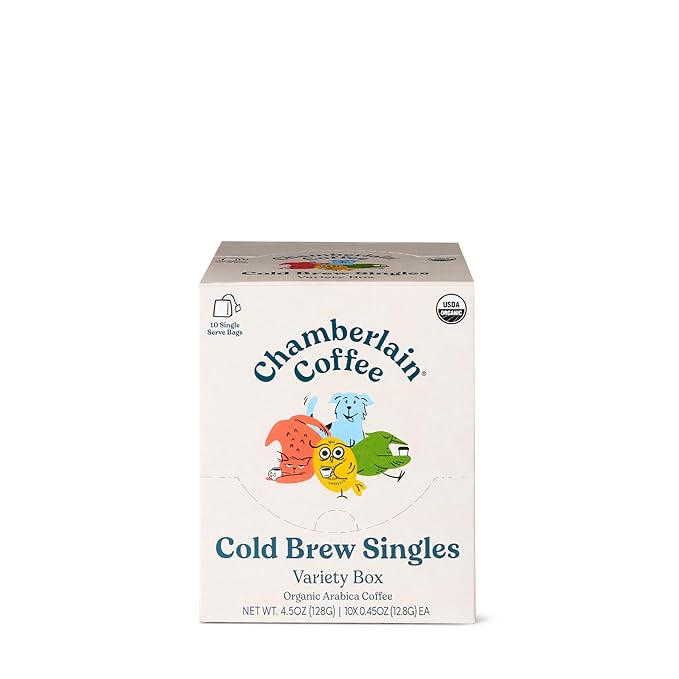 Chamberlain Coffee Variety Box Single Serve Bags - Includes 5 Blends, Original Family, Early Bird, Night Owl, Careless Cat and Social Dog Blends - 10 Single Serve Cold Brew Sachets