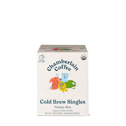 Chamberlain Coffee Variety Box Single Serve Bags - Includes 5 Blends, Original Family, Early Bird, Night Owl, Careless Cat and Social Dog Blends - 10 Single Serve Cold Brew Sachets