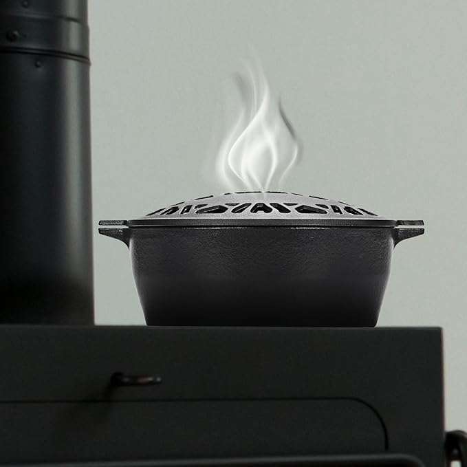 Wood Stove Steamer 2.5 Quart, Humidifier with Decorative Deer Pattern, Cast Iron, Rust Resistant Matte Black