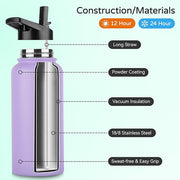 DOMICARE 40 oz Insulated Water Bottle Bulk, Vacuum Insulated Stainless Steel Sports Water Bottle with Straw Lid & Spout Lid, Leakproof, Reusable - Travel, Camping, Bike, Purple (4 Pack)