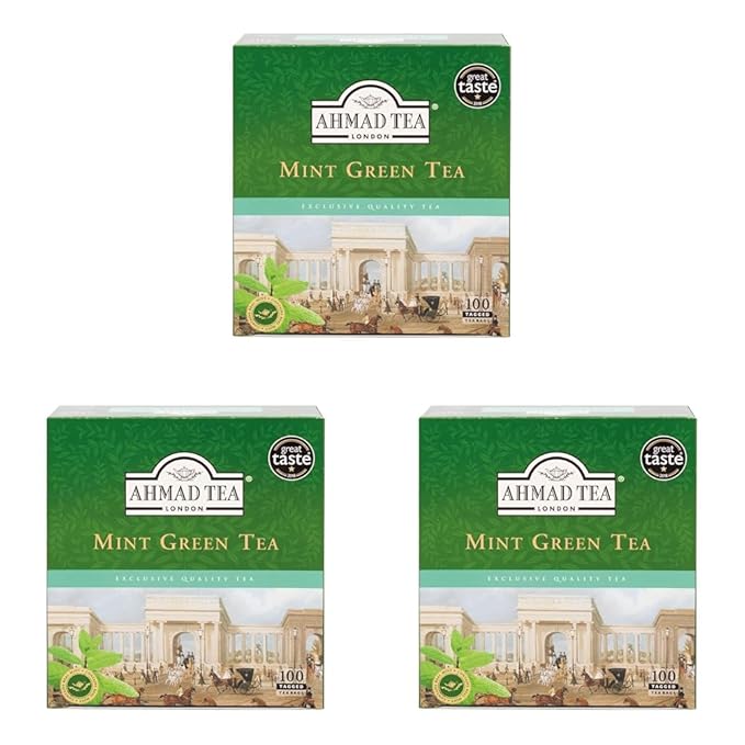 Ahmad Tea Green Tea, Green Tea Mint Teabags, 100 ct - Caffeinated and Sugar-Free (Pack of 3)