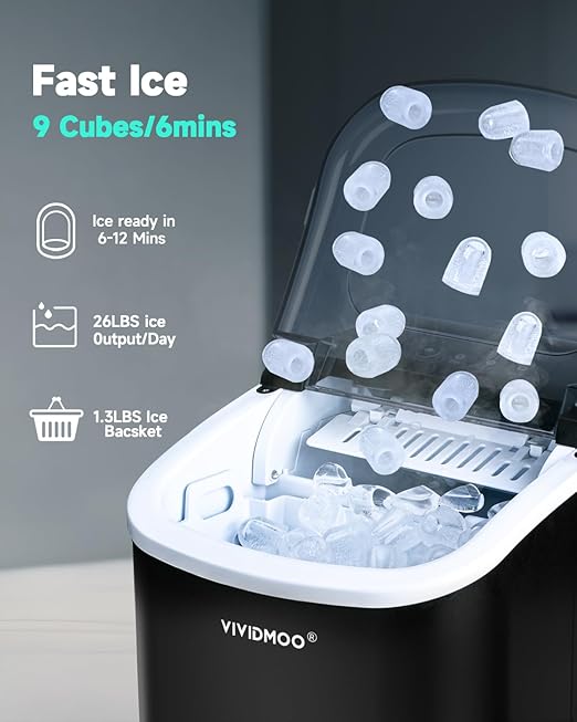 Countertop Ice Maker with Handle,26lbs/24H Bullet Ice Machine, 9 Ice Cubes Ready in 6 Mins,Self-Cleaning Sonic Ice Maker with Basket & Scoop,for Home/Office/Kitchen/RV/Party