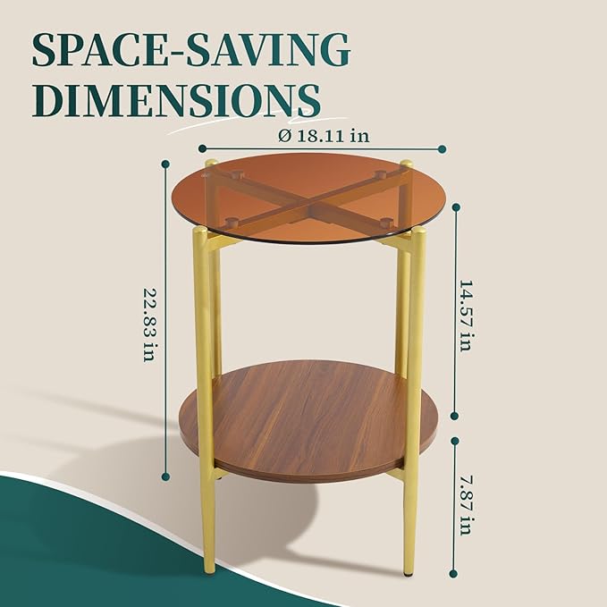 Small Round Coffee Tables for Living Room, Mid Century Side Table with Brown Glass Top, Solid Brown Storage Shelf and Sturable Gold Legs for Small Space, Office, Department