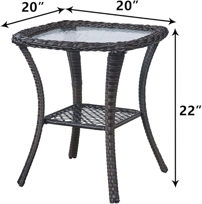 HUMMUH Patio Wicker Side Table Outdoor, Rattan End Table Glass Top Coffee Table with Storage Brown