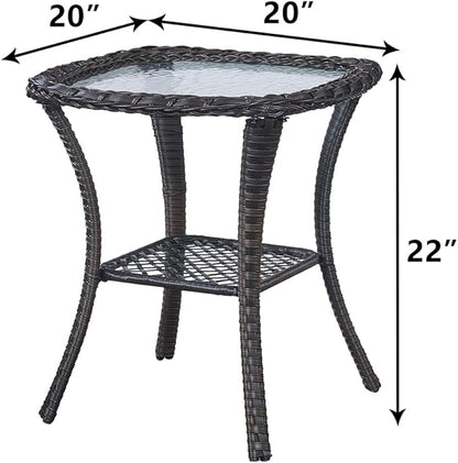 HUMMUH Patio Wicker Side Table Outdoor, Rattan End Table Glass Top Coffee Table with Storage Brown