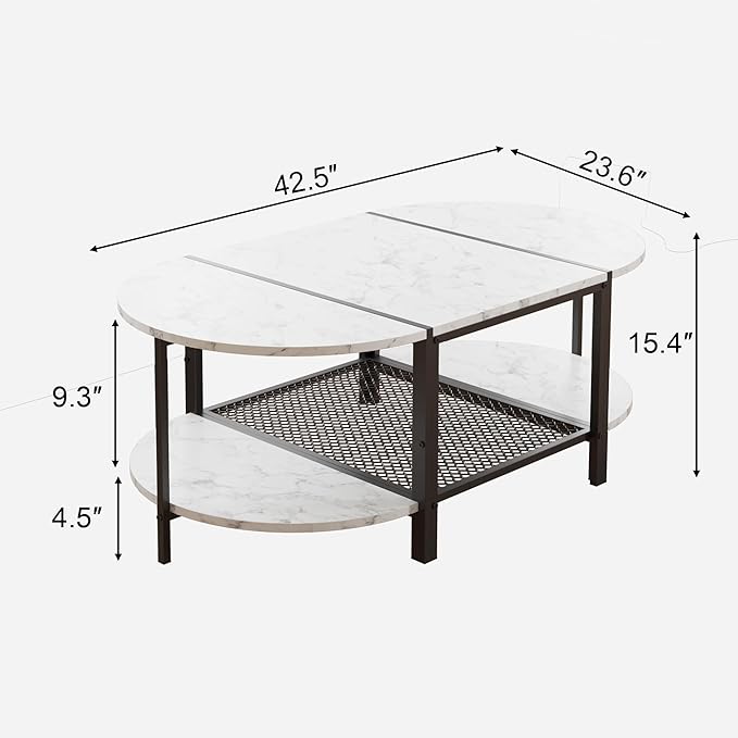 SENIG Oval Coffee Table with Faux Marble Top, 2-Tier Storage Shelf and Metal Frame, Living Room Center Table Modern, White Marble Finish