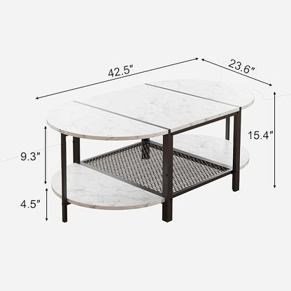 SENIG Oval Coffee Table with Faux Marble Top, 2-Tier Storage Shelf and Metal Frame, Living Room Center Table Modern, White Marble Finish