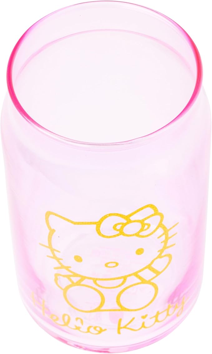 Silver Buffalo Sanrio Hello Kitty Gold 2 Pack Pink Glass Jar Tumbler with Bamboo Lid and Glass Straw, 16 Ounces