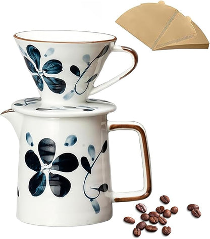 Ceramic Pour Over Coffee Maker Set, 60 Angle Ceramic Coffee Dripper with Single Hole, Coffee Pot & 100 Paper Filters for Home, Travel, Camping (1-2 Cup)