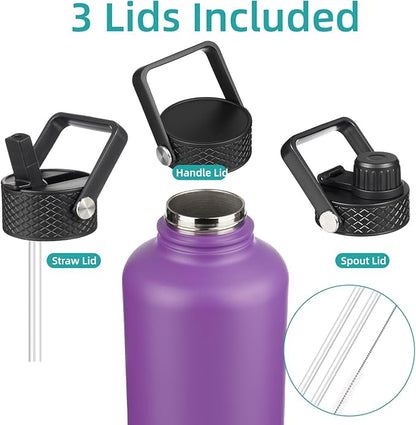 Insulated Water Bottle with Straw,87 oz 3 Lids Water Jug with Carrying Bag,Paracord Handle,Double Wall Vacuum Stainless Steel Metal Flask,Purple