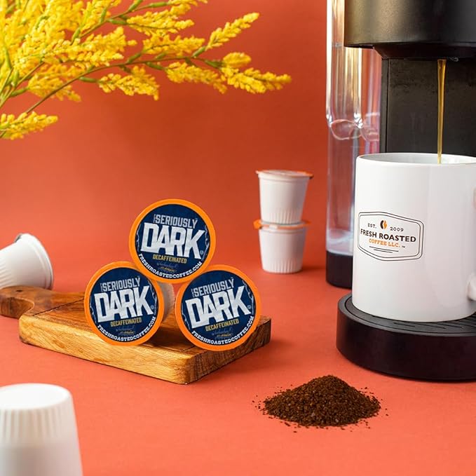 Fresh Roasted Coffee, Seriously Dark Decaf Artisan Blend, Kosher | 24 Pods for K Cup Brewers