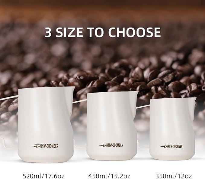 MHW-3BOMBER Milk Frothing Pitcher 520ml/17.6oz Milk Frother Cup Espresso Steaming Pitcher Stainless Steel Milk Frother Cup Barista Latte Art Round Spout Milk Jug, Cream white P6019W-OS
