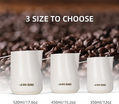 MHW-3BOMBER Milk Frothing Pitcher 520ml/17.6oz Milk Frother Cup Espresso Steaming Pitcher Stainless Steel Milk Frother Cup Barista Latte Art Round Spout Milk Jug, Cream white P6019W-OS