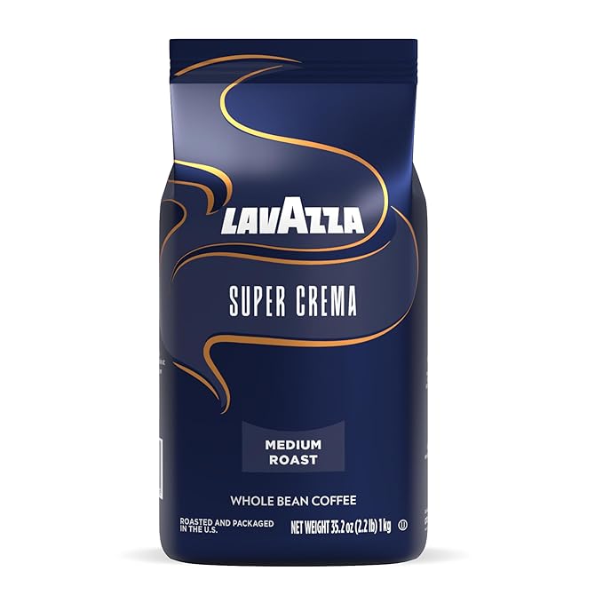 Lavazza Super Crema Whole Bean Coffee, Medium Espresso Roast, Arabica and Robusta Blend, 2.2 lb Bag (Pack of 8)