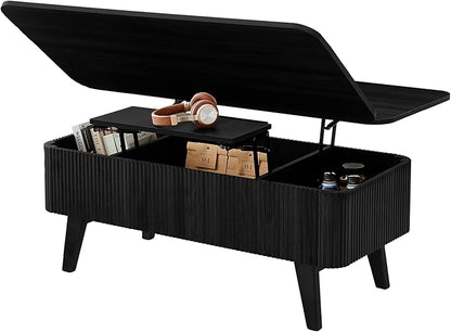 3 in 1 Lift Top Coffee Table, Fluted Convertible Coffee Tables Converts to Dining Tables, Modern Oval Wooden Center Table with Storage for Living Room Office Small Space, Partial Assembly (Black)