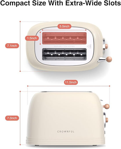 CROWNFUL 2-Slice Toaster, Extra Wide Slots Toaster, Retro Stainless Steel with Bagel, Cancel, Defrost, Reheat Function and 6-Shade Settings, Removal Crumb Tray, Cream