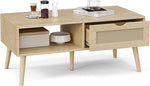 Load image into Gallery viewer, Coffee Table with Storage, Boho Dining Table with Rattan Drawer and Solid Wood Legs, Small Coffee Tables for Living Room, Oak