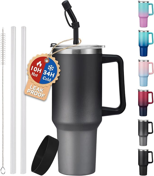 40 oz Stainless Steel Vacuum Insulated Tumbler with Lid and Straw for Water, Iced Tea or Coffee, Spill Proof Water Bottle with Handle, Leak Resistant Travel Mug Car Cupholder Friendly
