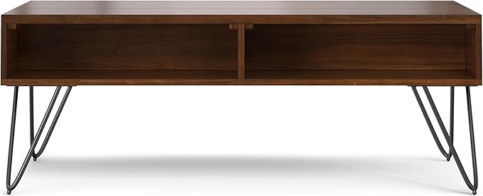 SIMPLIHOME Hunter Lift Top Coffee Table - 48 inch Wide Solid Walnut Veneer and Metal Industrial Cocktail Table, Functional Living Room Table with 2 Storage Cubbies and Hairpin Legs