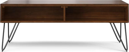 SIMPLIHOME Hunter Lift Top Coffee Table - 48 inch Wide Solid Walnut Veneer and Metal Industrial Cocktail Table, Functional Living Room Table with 2 Storage Cubbies and Hairpin Legs