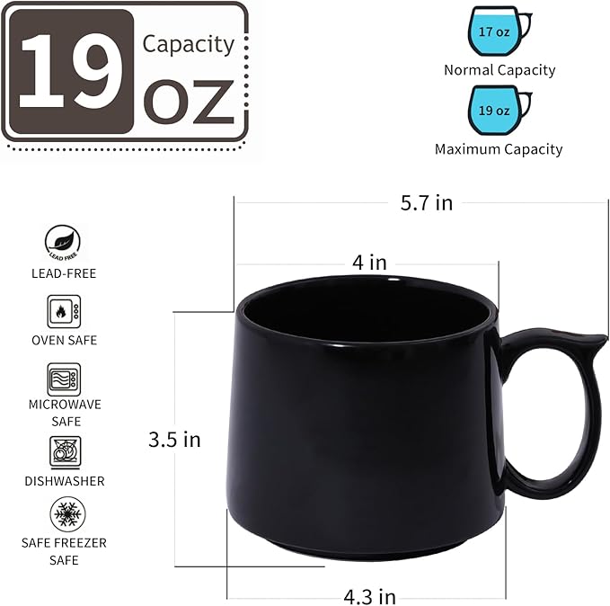 Large Coffee Mugs Set of 4, 19 oz Stackable Ceramic Coffee Mug, Coffee Cups with Large Handle for Latte, Cappuccino, Milk, Tea, Dishwasher & Microwave Safe, Ideal for Men, Women - Black