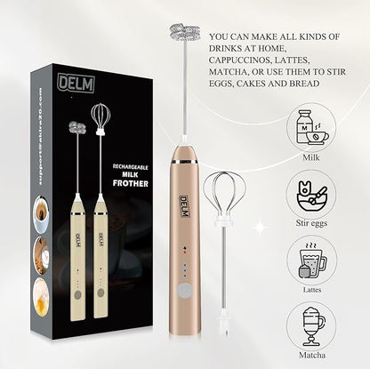 Delm Milk Frother Electric USB Stainless Steel Accessory - Frother Wand Foam Maker for Lattes - Milk Frother Handheld for Cappuccino, Frappe, Matcha, Hot Chocolate - Frother for Coffee (beige/gold)