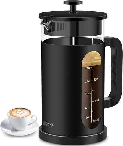 QUQIYSO French Press Coffee Maker, 304 Stainless Steel French Press with 4 Filter, Heat Resistant Borosilicate Glass, Easy to Clean, BPA Free Coffee Press Rust-Free Coffee Maker, 34 ounce, Black